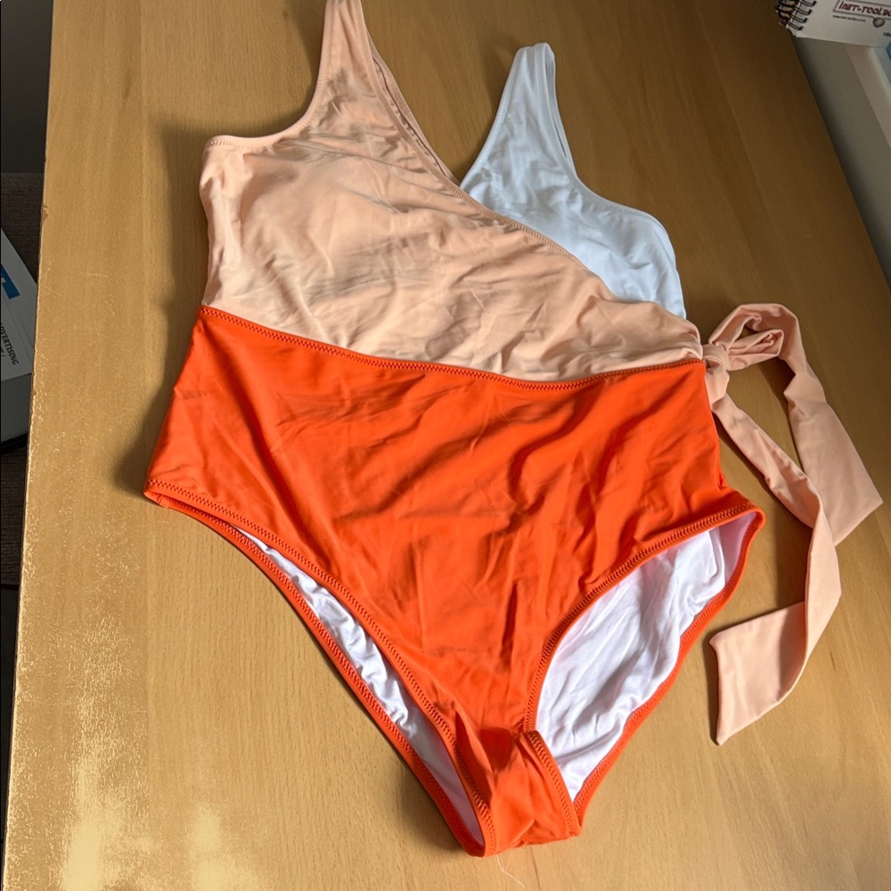 NWT- One-Piece Swimsuit in Peach, White & Bright Orange